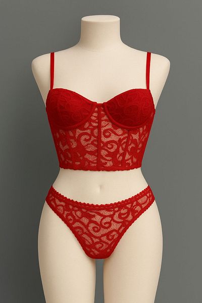 WİYONA Women's Black White Red Lace Strapless Bustier Set