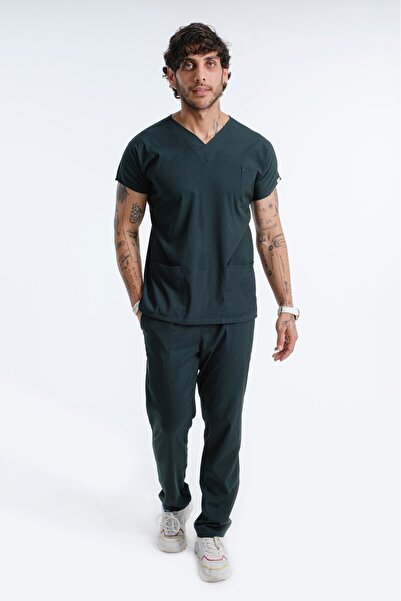 LİZY STORE Dark Green Classic Men Bat Sleeve Nurse Doctor Uniform Scrubs Doctor Nurse Jersey