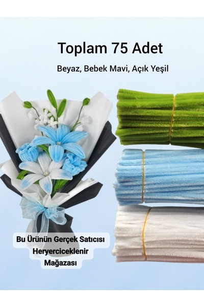 hyc heryerçiçeklenir 3'lü Set Beyaz,Bebek Mavi ve Açık Yeşil ,Çiçek Yapımına Uygun Tüylü Tel