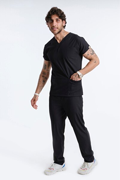 LİZY STORE Black Classic Men Bat Sleeve Nurse Doctor Uniform Suit Scrubs Suit Hospital Nurse Uniform