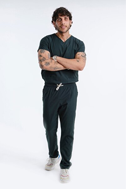 LİZY STORE Dark Green Classic Men Bat Sleeve Nurse Doctor Uniform Scrubs Doctor Nurse Jersey