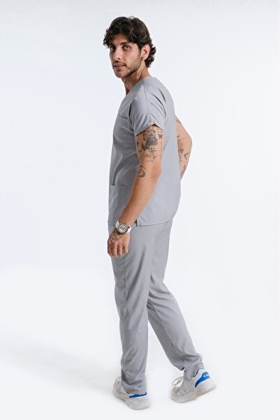 LİZY STORE Gri Klasik Erkek Yarasa Kol Hemşire Doktor Üniforması Takım Scrubs Takım Hastane Forması