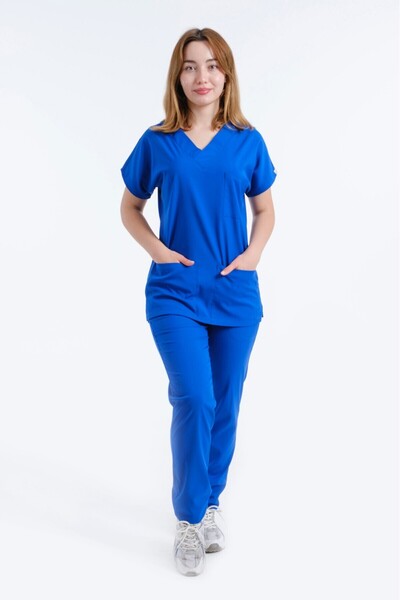 LİZY STORE albastru cobalt Uniforme clasice pentru femei, cu mâneci liliac, pentru asistentă medicală, pentru medic, pentru spital, pentru medic, pentru asistentă medicală