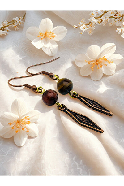 ayrestyle Kaplan Gözü & Hint Akiki Doğal Taşlı 2'li Küpe Seti Sallantılı -Süslü -5 cm-Baklava Aparatlı