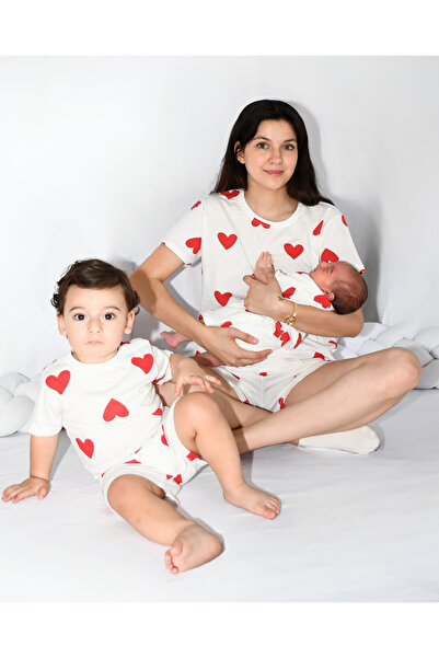Drop Kids Bebek Çocuk Pijama Takımı Kalp Desen %100 Pamuk
