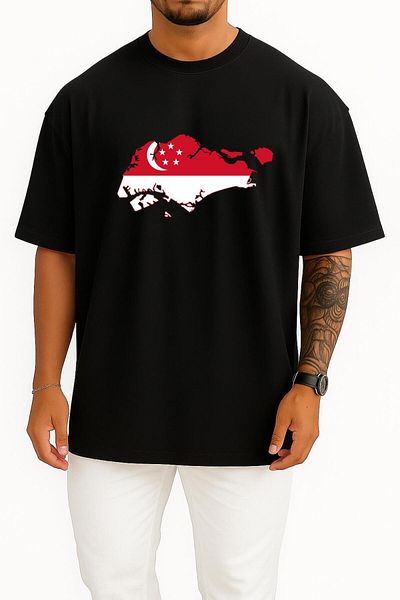 Bahriyeli Collection Oversize Singapore Map Chest Design Unisex T-Shirt