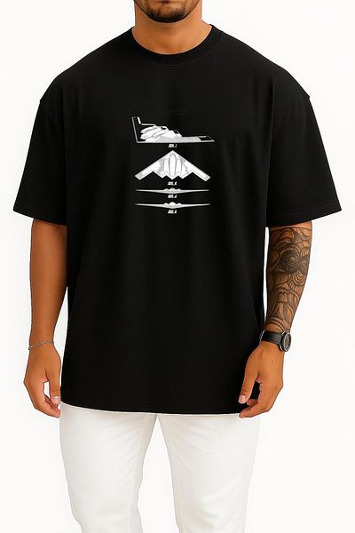 Bahriyeli Collection Oversize B2 Stealth Bomber Fighter Plane Unisex T-Shirt with Chest Design