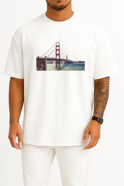 Bahriyeli Collection تي شيرت للجنسين بتصميم صدر Golden Gate Bridge كبير الحجم