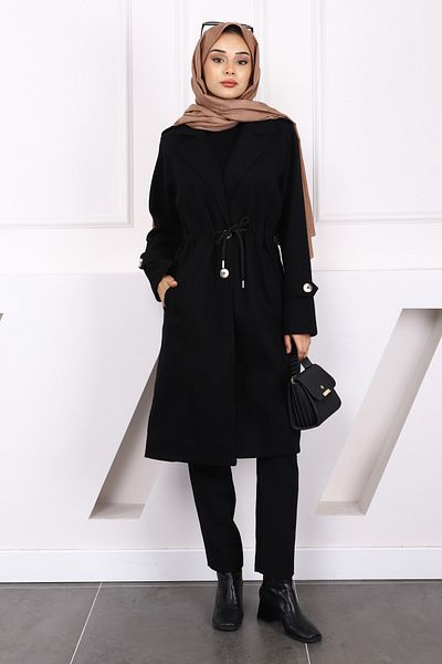 İmajButik Μαύρο παλτό με γραβάτα στη μέση