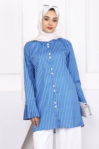 İmajButik Indigo ριγέ πλισέ μανίκι τουνίκ - με κουμπιά
