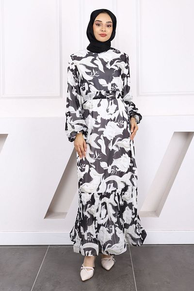İmajButik Patterned Black Chiffon Dress