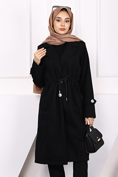 İmajButik Μαύρο παλτό με γραβάτα στη μέση