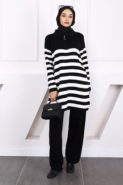 İmajButik Black Collar Zippered Tunic Trousers Knitwear Set