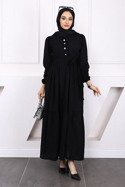 İmajButik Linen Black Dress - Waist Gathered