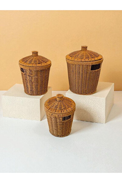 ALLEGRI 3 lü Hasır Görünümlü Kapaklı Patates Soğan Sarımsak Sepeti Seti Ratta...