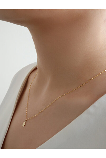 DİAMİNE PIRLANTA 14 Ayar Altın Aynalı Zincir Yıldız Plaka Kolye