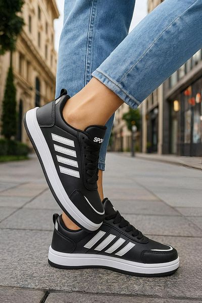 Nstil Daily Unisex Black White Sneaker Sports Shoes Lace-Up Stripe Detailed Lace-Up Serrated Sole 3438