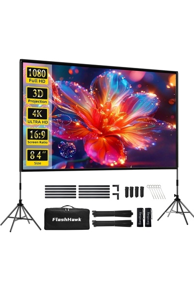 FlashHawk شاشة عرض مع حامل - 84 بوصة 16:9 4K HD شاشة عرض محمولة خارجية داخلية...