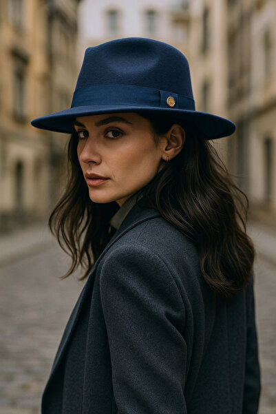 Luminos Butik Синя металева капелюх - з широкими полями і кнопками Spk1145