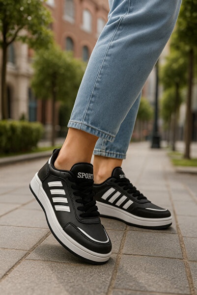 Nstil Daily Unisex Black White Sneaker Sports Shoes Lace-Up Stripe Detailed Lace-Up Serrated Sole 3438