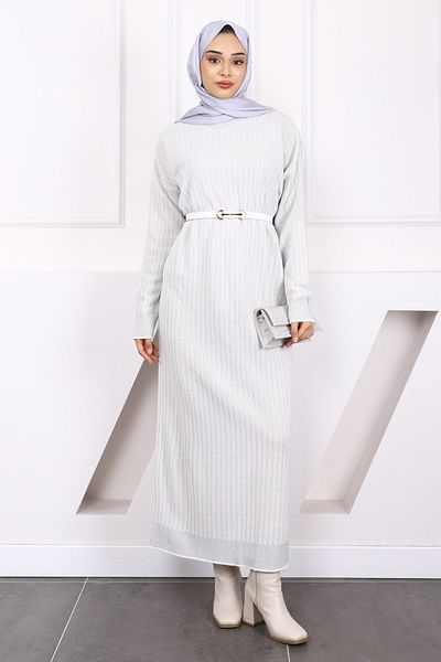 İmajButik Ecru Glittery Striped Knitwear Dress