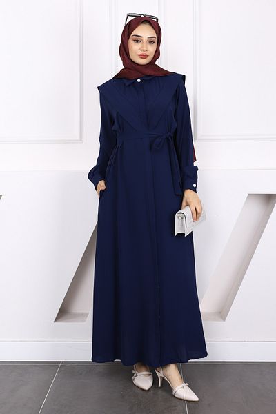 İmajButik Navy Blue Front Buttoned Pocket Dress