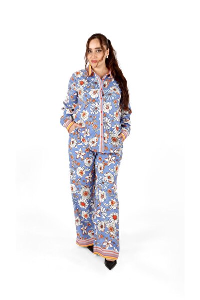 LINELLE Co-Ord Set – Blue, White and Multi-coloured Printed Shirt and Pant.
