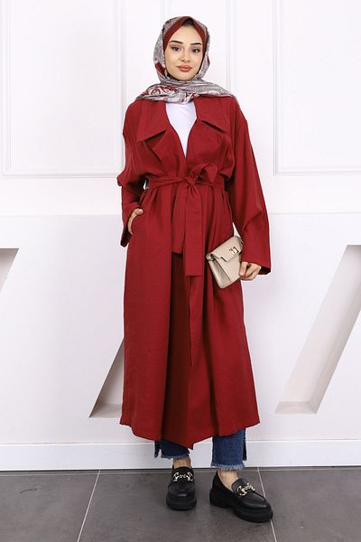 İmajButik Burgundy Double Breasted Collar Waist Belted Modal Trench Coat