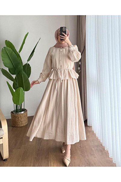 Miraydın Butik Set cămașă și fustă cu volane pentru femei M2512 - Bej