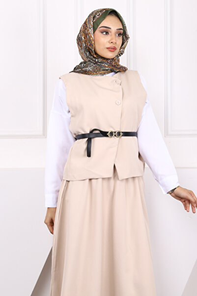 İmajButik Beige Belted Crepe Vest Skirt Suit