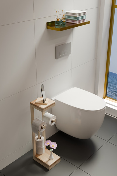 EVODORA Ayaklı Metal Krem Banyo Tuvalet Kağıtlığı Ahşap Raflı Yedek Bölmeli D...