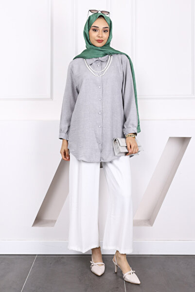 İmajButik Gray Pearl Pendant Linen Shirt