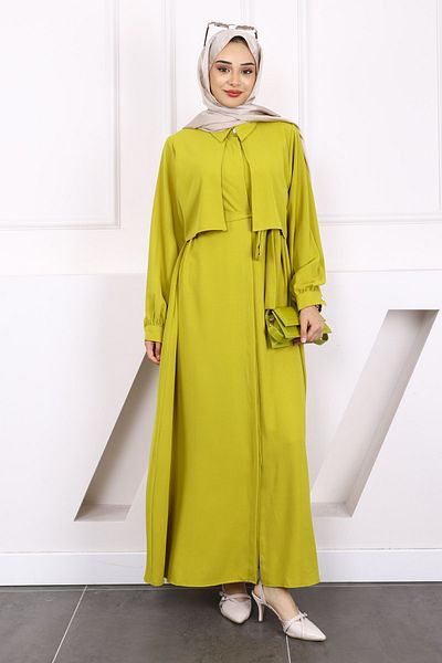 İmajButik Oil Green Pocketed Waist Belted Dress