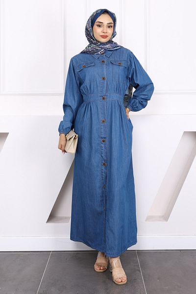 İmajButik Blue Pocket Button Denim Dress