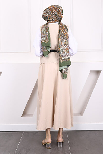 İmajButik Beige Belted Crepe Vest Skirt Suit