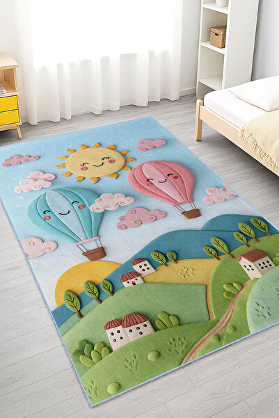 Realhomes Sevimli Balonlar ve Güneş Temalı Yıkanabilir Kaymaz Taban Çocuk Odası Halısı