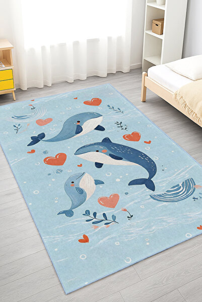 Realhomes Mavi Deniz Canlıları Desenli Yıkanabilir Kaymaz Taban Halı