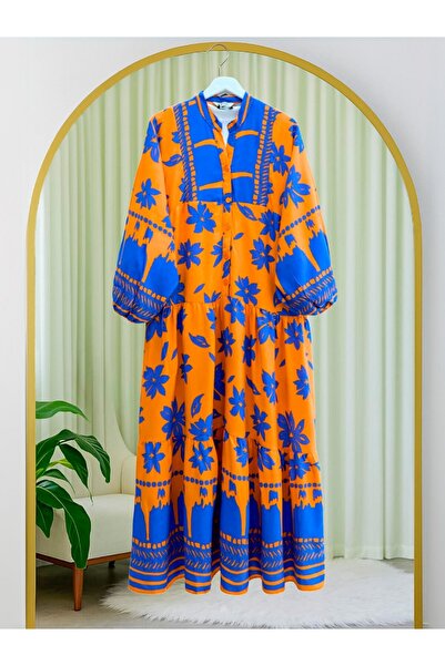 Modamorfo Half Button Sleeve Elastic Patterned Dress -Orange