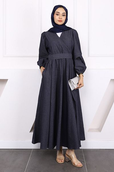 İmajButik Navy Blue Double Breasted Collar Waist Belted Denim Dress
