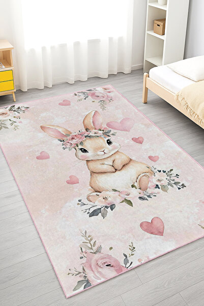 Realhomes Sevimli Tavşan Desenli Yıkanabilir Kaymaz Taban Çocuk Odası Halısı