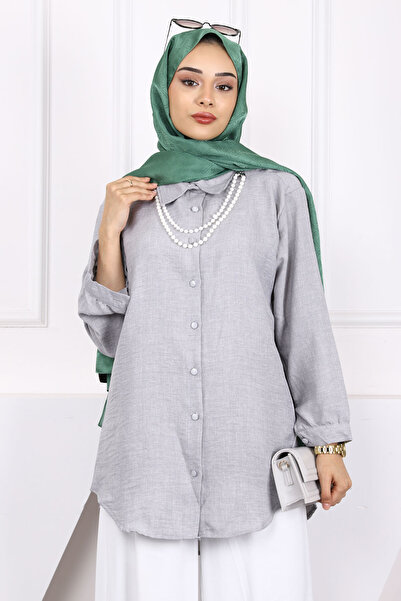 İmajButik Gray Pearl Pendant Linen Shirt