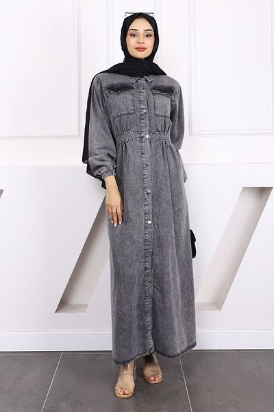 İmajButik Anthracite Denim Dress with Pockets