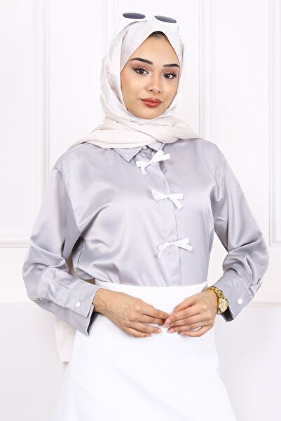 İmajButik Gray Bow Satin Shirt