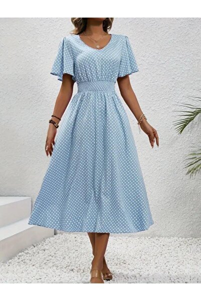 Moda Monisa Rochie midi pentru femei cu mâneci scurte cu buline - decolteu în...