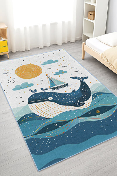 Realhomes Mavi Balina ve Yelkenli Motifli Çocuk Odası Yıkanabilir Kaymaz Taba...