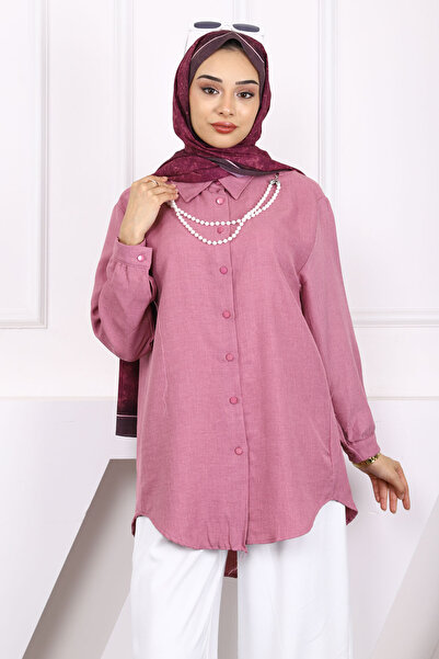İmajButik قميص كتان مع قلادة من اللؤلؤ الوردي المغبر