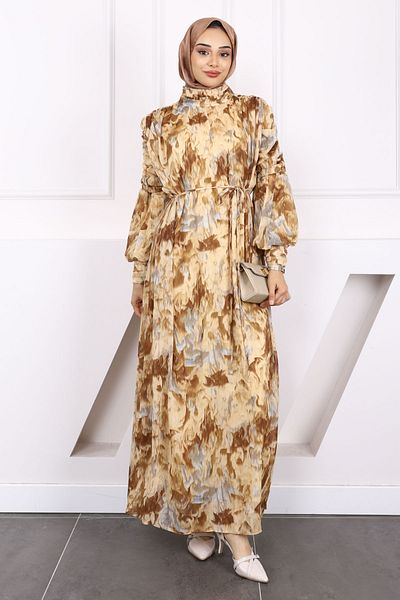İmajButik Mink Sleeve Gathered Patterned Chiffon Dress