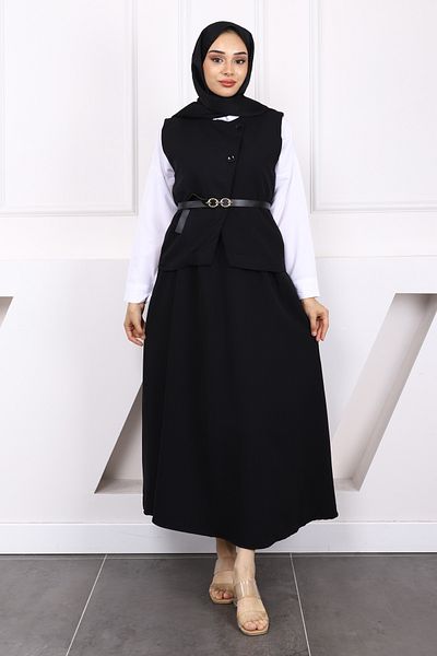 İmajButik Black Belted Crepe Vest Skirt Suit