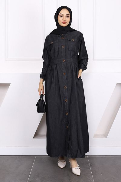 İmajButik Black Buttoned Denim Dress with Elastic Waist