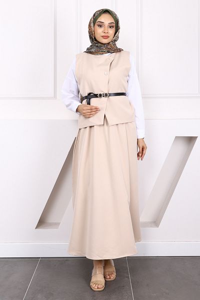 İmajButik بدلة تنورة كريب بحزام بيج